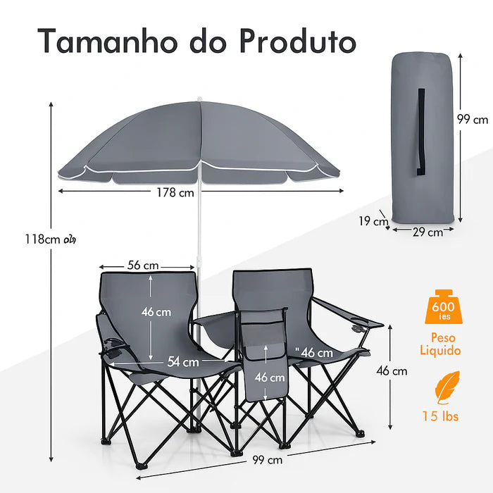 Cadeiras Dobráveis com Guarda‑Sol e Cooler Integrado - Conjunto Duo Luxo Outdoor BLACK FRIDAY